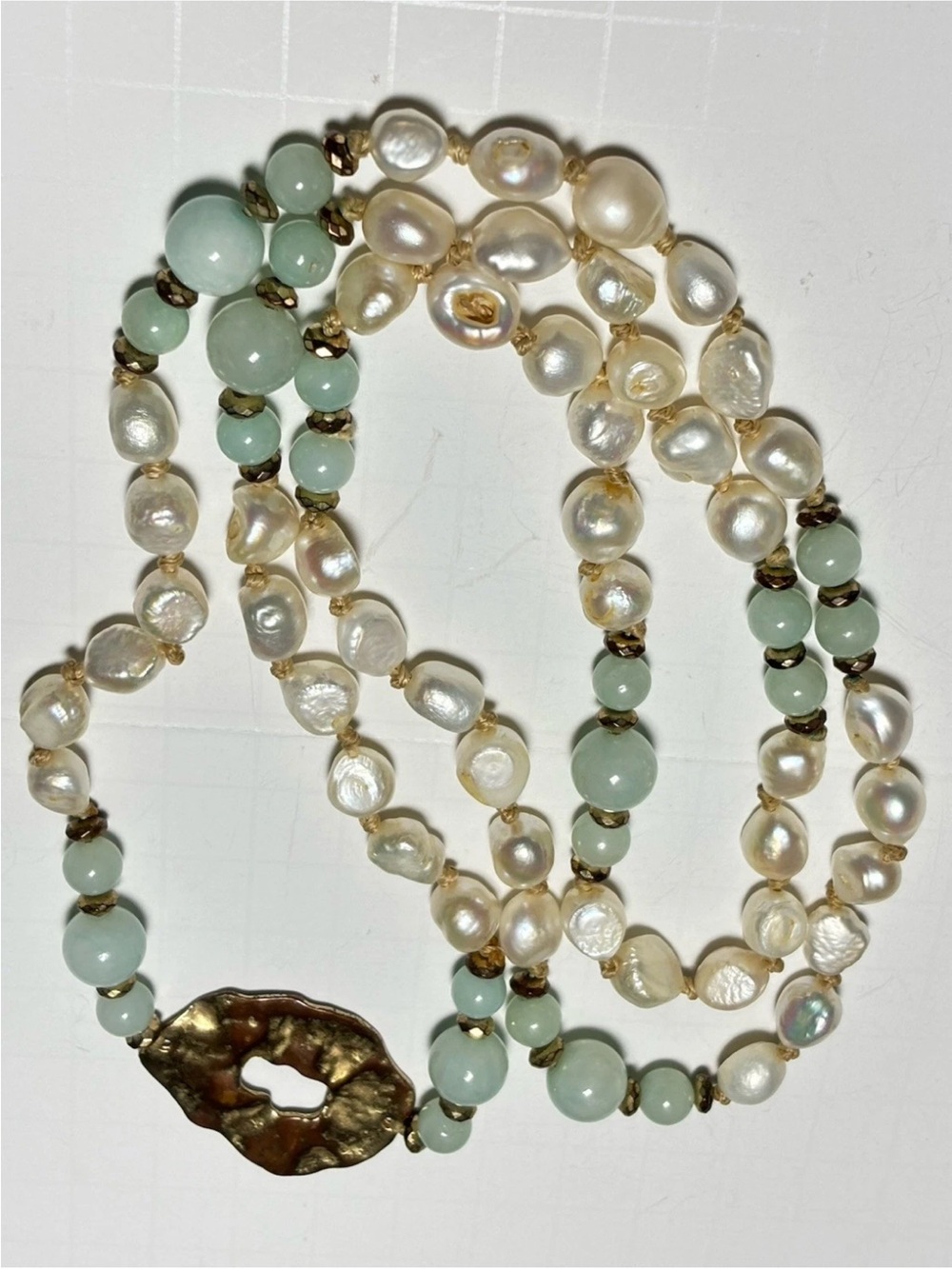 Vintage Freshwater Pearl & Amazonite Opera Length Necklace – Approx. 40”